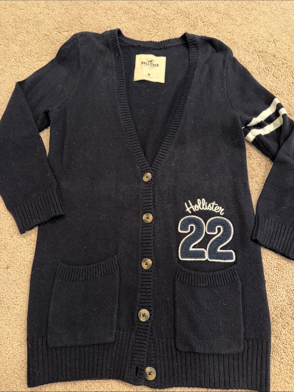 Hollister y2k girl’s Navy Cardigan with 22 Patch Sz youth medium